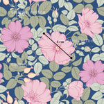 a repeating pattern of pink flowers with green leaves against a dark blue background.