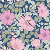 a repeating pattern of pink flowers with green leaves against a dark blue background.