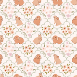 a pattern with rabbits and flowers on a white background