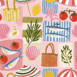 The image is a vibrant and colorful collage featuring various objects and illustrations, including fish, a basket, a lemon, a starfish, a seashell, a tomato, and a striped umbrella.