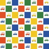 a repeating pattern of various colored cars and trucks, arranged in a grid-like layout.