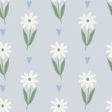 a repeating pattern of white daisies with green leaves against a light blue background.
