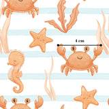 a repeating pattern of various sea creatures, including a crab, a starfish, a seahorse, and a starfish, all set against a background of blue and white stripes.