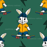The image is a repeating pattern of cartoon rabbits wearing hats and riding skateboards.