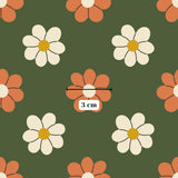 a repeating pattern of stylized white and orange flowers against a green background.