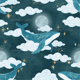 a blue whale in the sky with stars and clouds