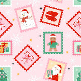 The image is a repeating pattern of Christmas-themed illustrations, including a snowman, Santa Claus, gingerbread man, and presents, all framed within decorative pink and green borders.