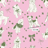 a repeating pattern of stylized illustrations of dogs, including poodles, against a pink background with stars. The dogs are wearing bows and hats, and there is a measurement scale visible in the image.