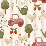 The image is a repeating pattern of various farm-related objects and animals, including a tractor, a chicken, a strawberry, a tree, and a watering can, all set against a striped background.