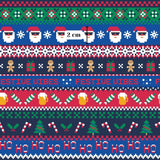The image is a colorful, pixelated Christmas sweater with various festive elements such as Santa Claus, snowflakes, gingerbread men, and Christmas trees. The sweater has a repeating pattern of these elements, creating a festive and holiday-themed design.