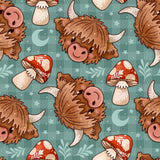 a repeating pattern of cartoon cow heads and mushrooms against a green and white checkered background with stars.