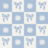 The image is a pattern of blue squares with white flowers and blue bows.