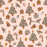 a repeating pattern of Christmas-themed elements, including trees, gingerbread men, candy canes, holly leaves, and ornaments, all set against a pink background.