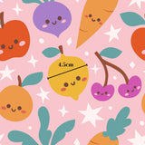a variety of colorful fruits and vegetables, including apples, oranges, and carrots, arranged in a playful and whimsical manner.