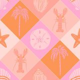 The image is a vibrant and playful collage featuring various tropical elements such as palm trees, starfish, and a flower, all rendered in a cheerful and colorful palette of pink, orange, and white.