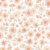 The image is a repeating pattern of various pink and white flowers with green leaves, creating a visually appealing and harmonious design.