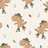 a repeating pattern of cartoon-style dinosaurs wearing green rollerblades and hats, with lightning bolts scattered throughout the background.