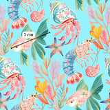 The image is a vibrant and colorful pattern featuring various marine life, including fish, crabs, and other sea creatures, set against a bright blue background.