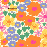 The image is a vibrant and colorful collage of various flowers and leaves, with a variety of sizes and shapes. The flowers are depicted in shades of orange, pink, yellow, and blue, creating a lively and cheerful atmosphere. The leaves are shown in shades of green and purple, adding depth and contrast to the overall composition. The image is not a single, continuous scene but rather a collection of individual images that come together to form a larger, more dynamic visual experience.