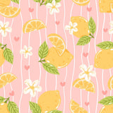 a repeating pattern of lemon slices, flowers, and leaves against a pink background with white stripes.