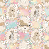The image is a repeating pattern of various dog illustrations, including pugs, bulldogs, and other breeds, surrounded by colorful flowers and foliage.