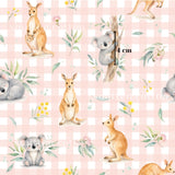 The image is a repeating pattern of various animals, including kangaroos, koalas, and wallabies, against a pink and white checkered background.