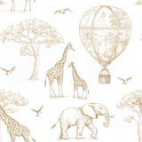 a wallpaper with giraffes, elephants, and a hot air balloon