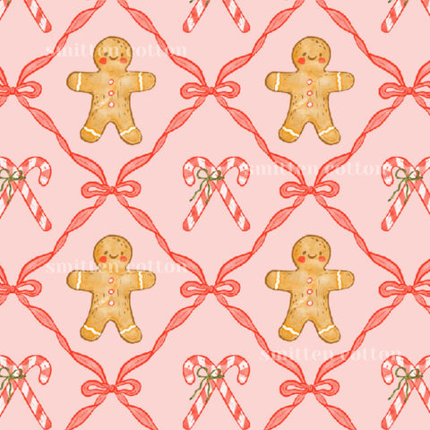 a repeating pattern of gingerbread men and candy canes on a pink background.