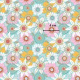 The image is a vibrant and colorful floral pattern with various types of flowers, including daisies, roses, and other blooms, arranged in a visually appealing manner. The pattern is set against a light blue background, which complements the colors of the flowers. The image is approximately 4 centimeters wide, as indicated by the text in the image.