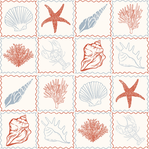 a red and white drawing of seashells and starfish