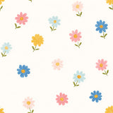 a repeating pattern of various colorful flowers, including pink, blue, yellow, and white flowers, against a white background.