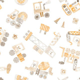 various construction vehicles and equipment, including a crane, excavator, and other heavy machinery, all depicted in a repeating pattern.