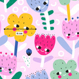 The image is a vibrant and playful pattern featuring a variety of colorful flowers and plants with whimsical expressions and unique shapes.