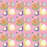 The image is a repeating pattern of various colorful and whimsical snail illustrations on a pink background.
