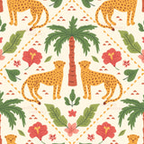The image is a repeating pattern featuring leopards, palm trees, flowers, and leaves in a tropical setting.