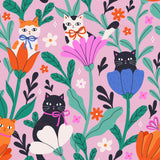 The image is a vibrant and whimsical pattern featuring cats and flowers in various colors, including orange, pink, blue, and green.