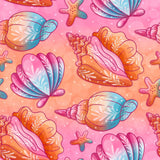 The image is a vibrant and whimsical pattern featuring various colorful seashells and starfish against a pink and orange background.