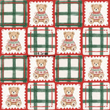The image is a repeating pattern of teddy bears wearing sweaters, arranged in a grid-like layout with green and red frames.