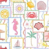 The image is a vibrant and playful collage featuring various marine and tropical elements, including a seahorse, crab, seashell, palm tree, banana, and a sailboat.