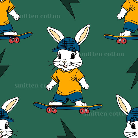 A cartoon rabbit wearing a yellow shirt and blue pants is riding a skateboard against a green background with lightning bolts.