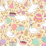 The image is a repeating pattern of various birthday-themed elements, including ducks, cakes, balloons, and party hats, all in a pastel color palette.