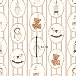 a repeating pattern of various cartoon-style animals, including a teddy bear, a rocking horse, a duck, and a lion, all set against a white background with a striped pattern.