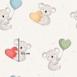 a repeating pattern of cartoon koalas holding hearts and balloons. The image is approximately 4.5 cm in size.