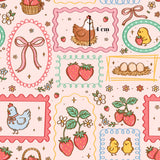 a pink background with pictures of strawberries and chickens