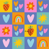 The image is a vibrant and playful collage featuring various heart and flower illustrations in different colors and shapes, including a strawberry, hearts, flowers, rainbows, and sunflowers.