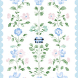 a repeating pattern of blue and pink flowers with green leaves, creating a visually appealing and harmonious design.