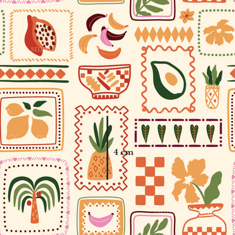 a pattern of fruit and vegetables on a white background