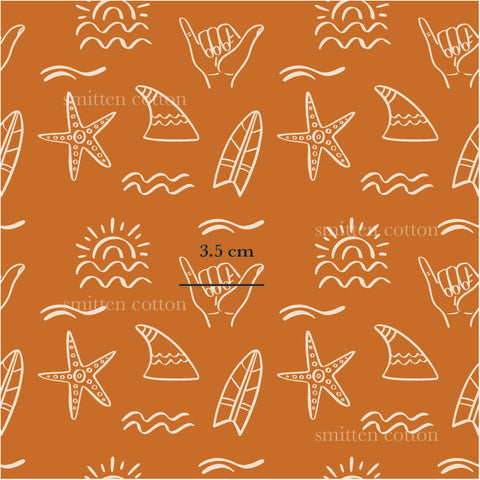 an orange background with a pattern of surfboards and starfish