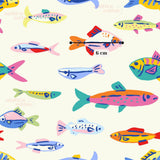 a variety of colorful fish, including different species and sizes, arranged in a repeating pattern.