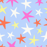 a pattern of colorful stars in various shades of pink, white, and orange against a light blue background.